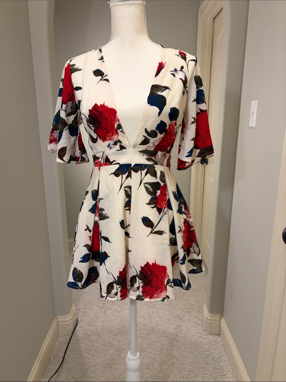 Floral V-Neck Short Romper in Cream with Red & Cream Roses